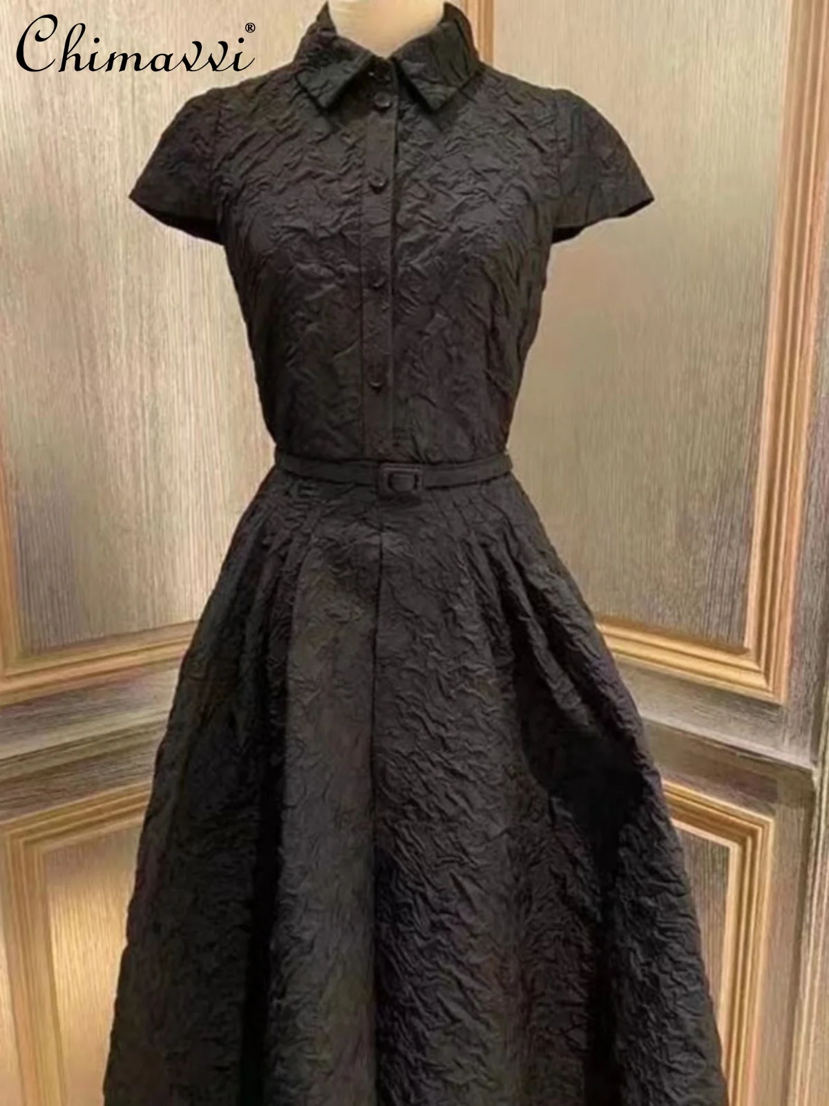 

Fashion OL Black Dress Women's 2024 Summer Dresses New Hepburn Style Short Sleeve Single-Breasted Elegant Jacquard Swing Dress