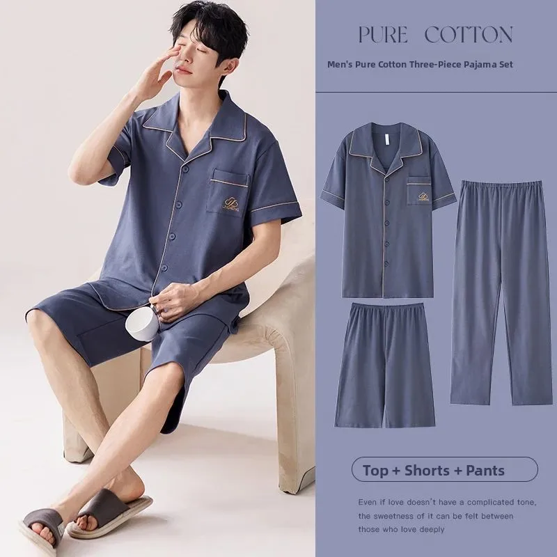 Pure Cotton Men's Sleepwear Short Sleeve Three-Piece Set Casual Comfortable Home Clothes Summer Collection for Young Men
