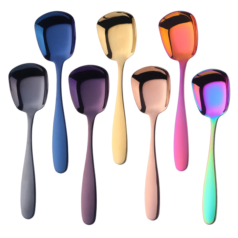 1PC Plat Bottom Spoon Stainless Steel Square Dinner spoons Rice Dinnerware Child Samll Gold Spoon for Ice Cream Dessert Salad