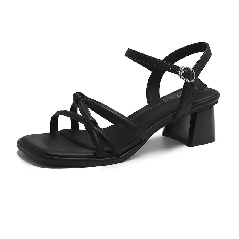 

Women's Square Heel High Heel Sandals Summer New Fashion Ribbon Roman Sandals Black and White Open Toed Women's Slippers