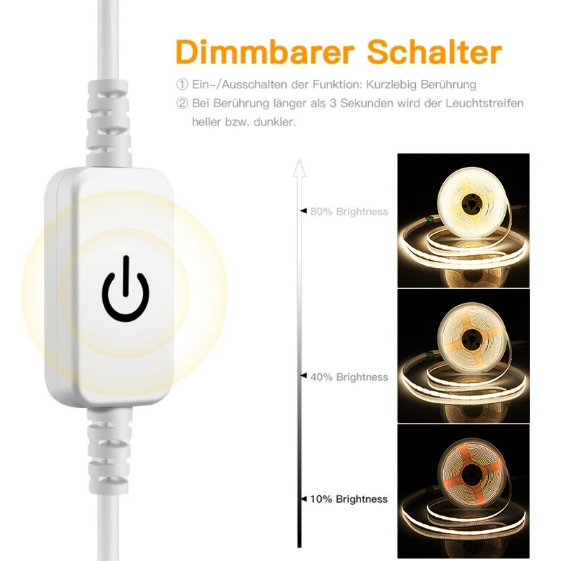 Striscia LED COB dimmerabile USB 5V, striscia LED COB bianca/bianca calda 1/2/3/5M con interruttore dimmer tattile per illuminazione dell\'armadio da