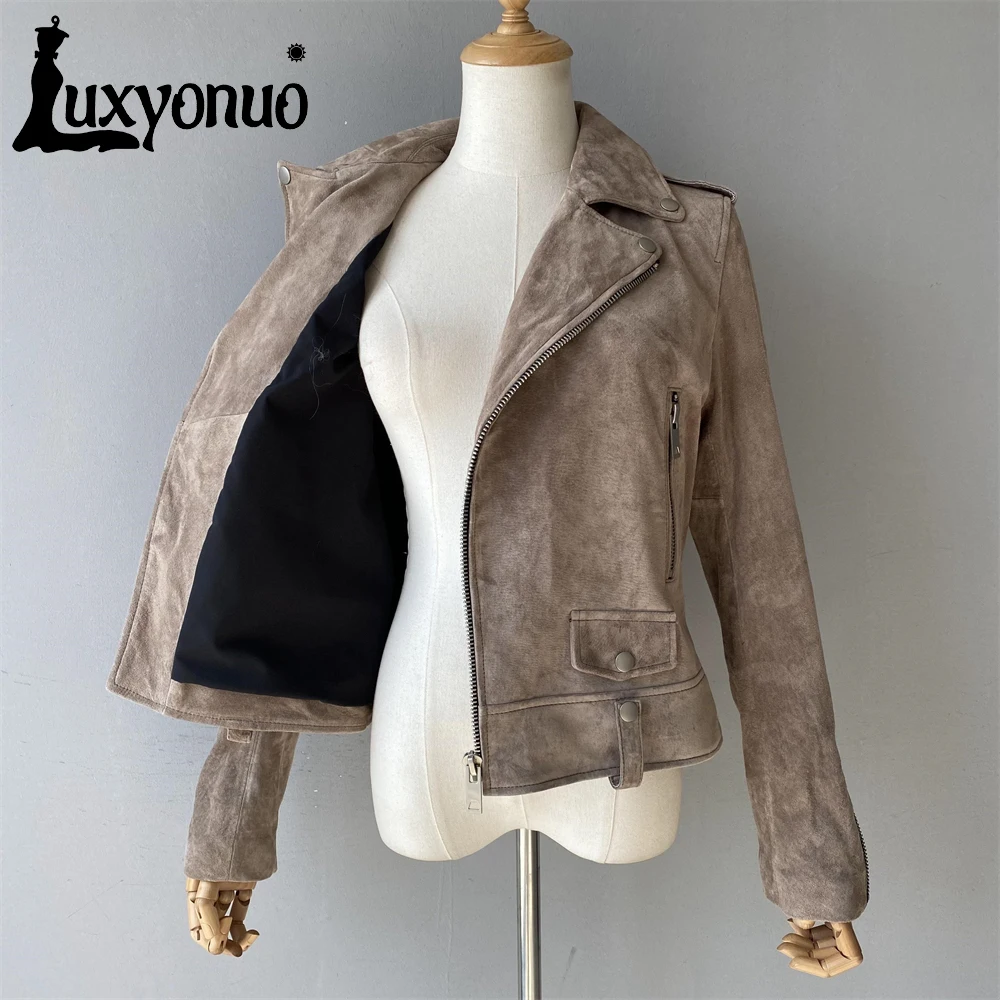 Luxyonuo-Jaqueta de camurça feminina genuína, jaqueta de moto com zíper, couro real, moda outono, primavera, novo estilo, 2023