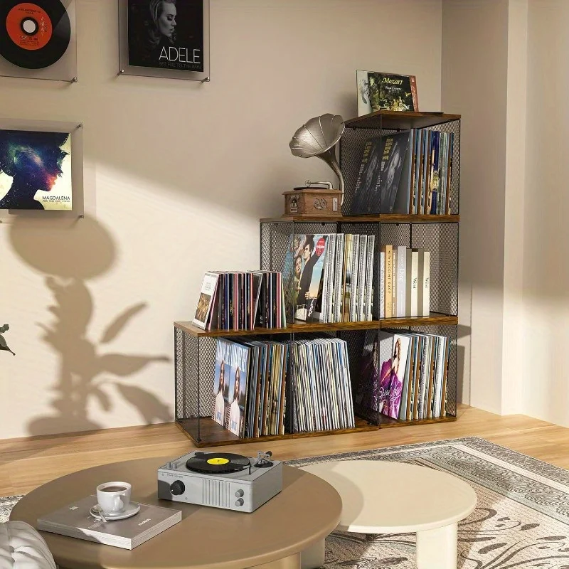 Aufbewahrungskorb für Schallplatten, Country-Retro, klassisches Musik-Schallplattenregal aus Eisen und Holz, kombinierte stapelbare Box