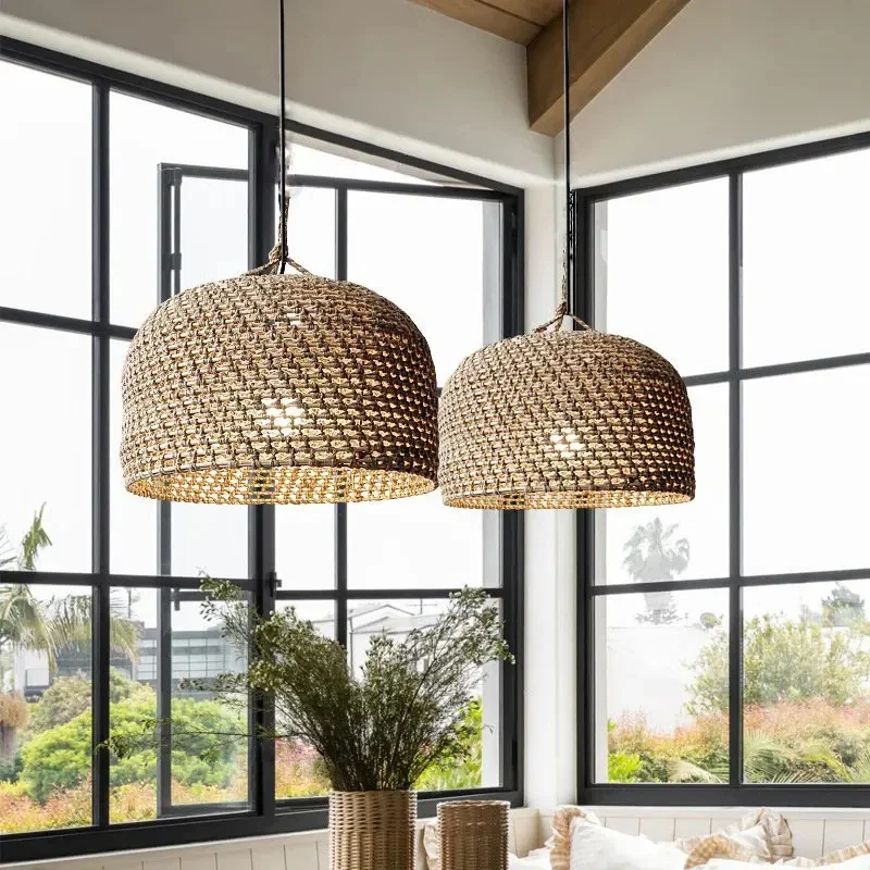 Vintage Hemp Rope Pendant Lights Southeast Asia Handmade Rattan Lamp Restaurant Dining Room Kitchen Home Decor Light Fixtures