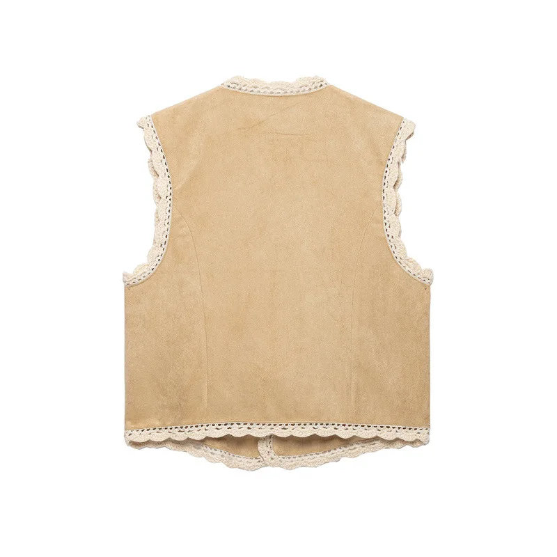 Womens Vintage Faux Suede Vest Crochet Lace Trim Tie Front Short Waistcoat Boho Chic Sleeveless Cardigan Festival Streetwear