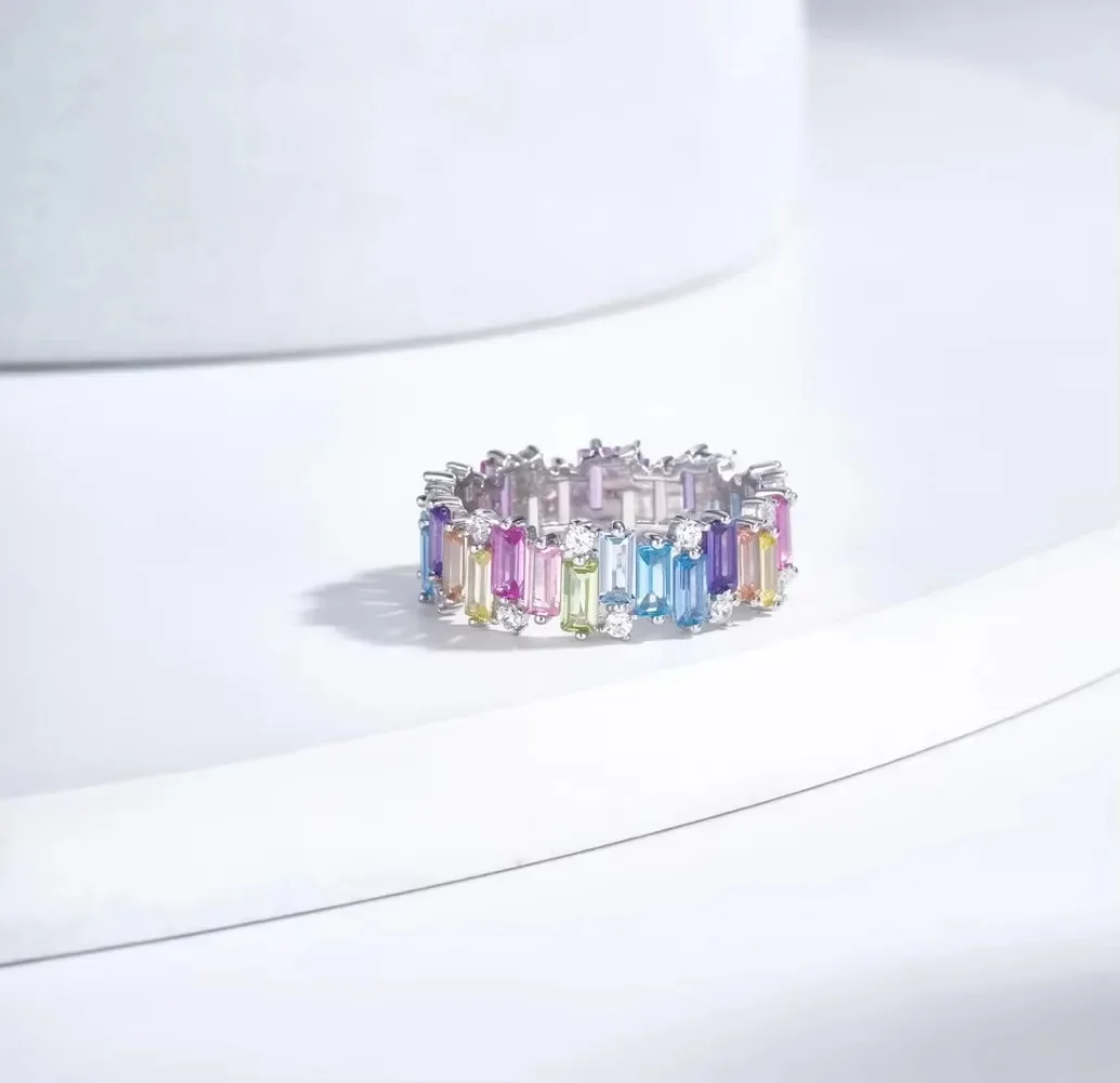 ALLNOEL 100% 925 Sterling Sliver Eternity Finger Rings for Women Rainbow Zircon Colorful CZ Engagement Wedding Band Jewelry Gift - Image 5