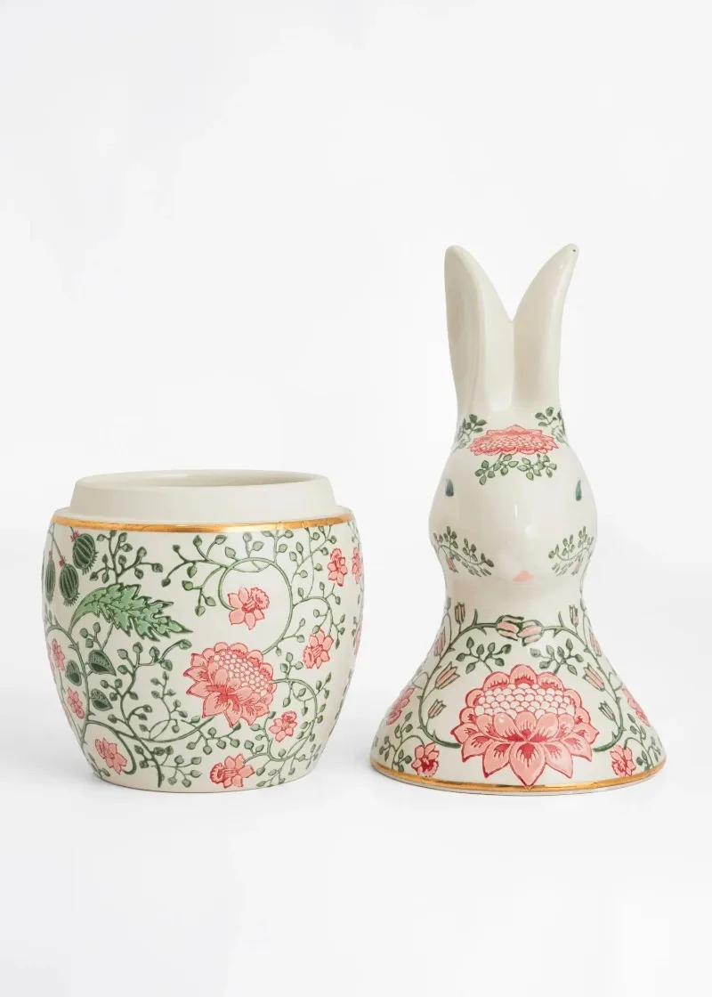 Handmade Painting Ceramic Flower with Gold Ring Rabbit Jar