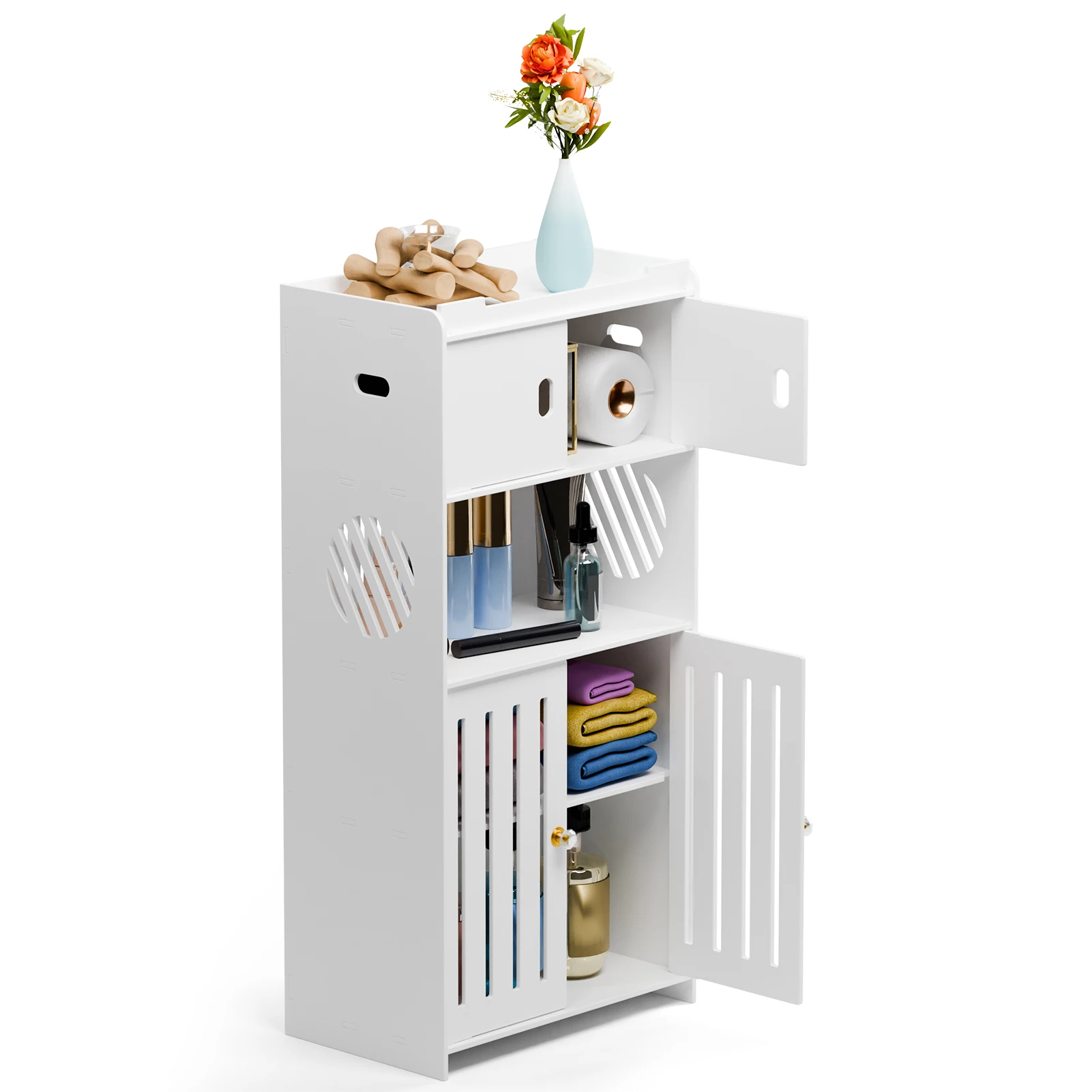 Bathroom Storage Cabinet, Freestanding Bathroom Cabinet with Open Shelf, Kitchen Pantry Cabinet with Doors and Paper Dispenser,