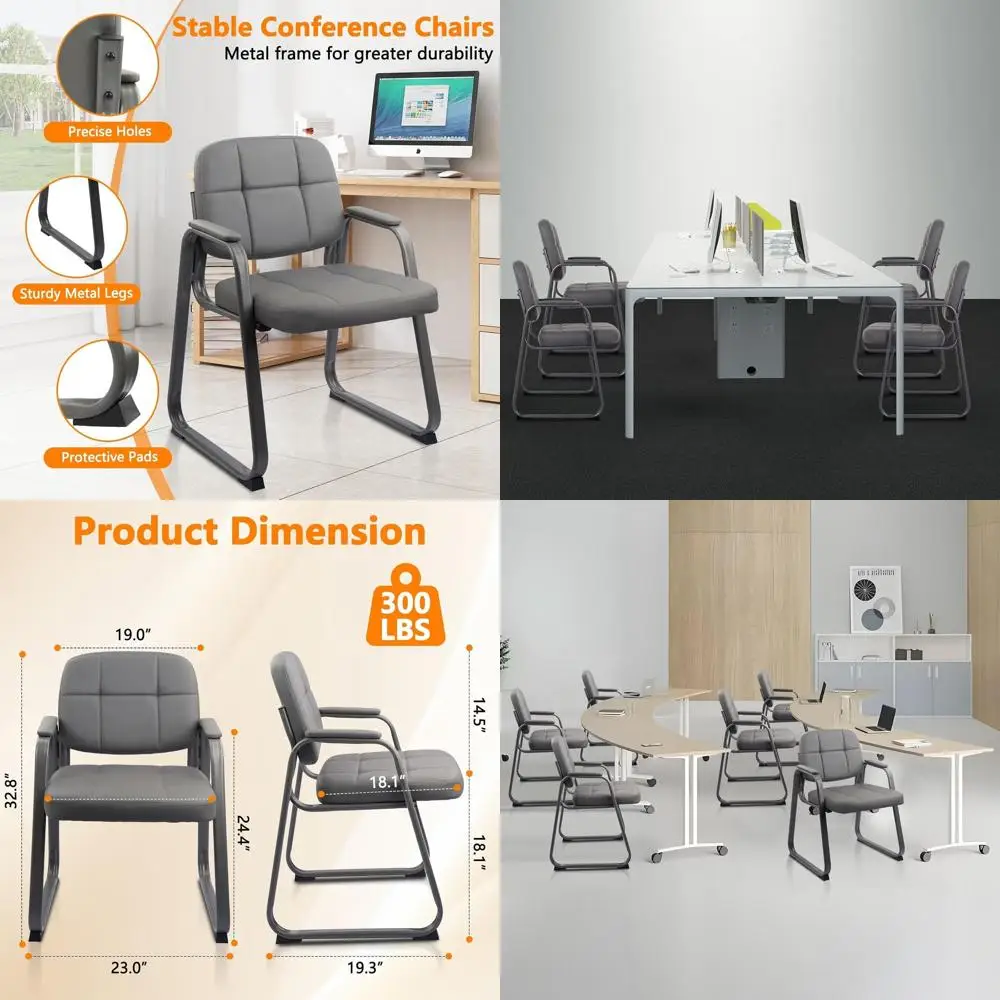

Sled Base Grey Leather Office Guest Chair with Padded Arms, No Wheels, for Reception Area, 1 Pack