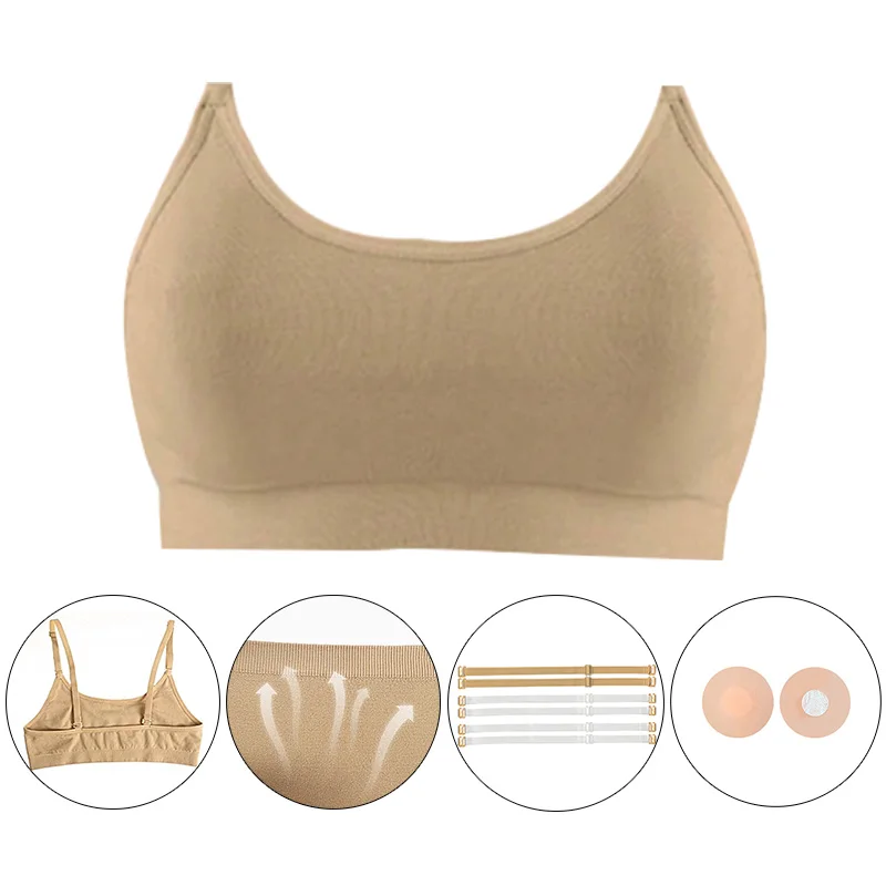 Soutien-gorge de danse de Ballet pour filles, couleur chair, sans couture, pour pratique de la gymnastique, avec 2 paires de bretelles transparentes et coussinets en Silicone, soutien-gorge de danse