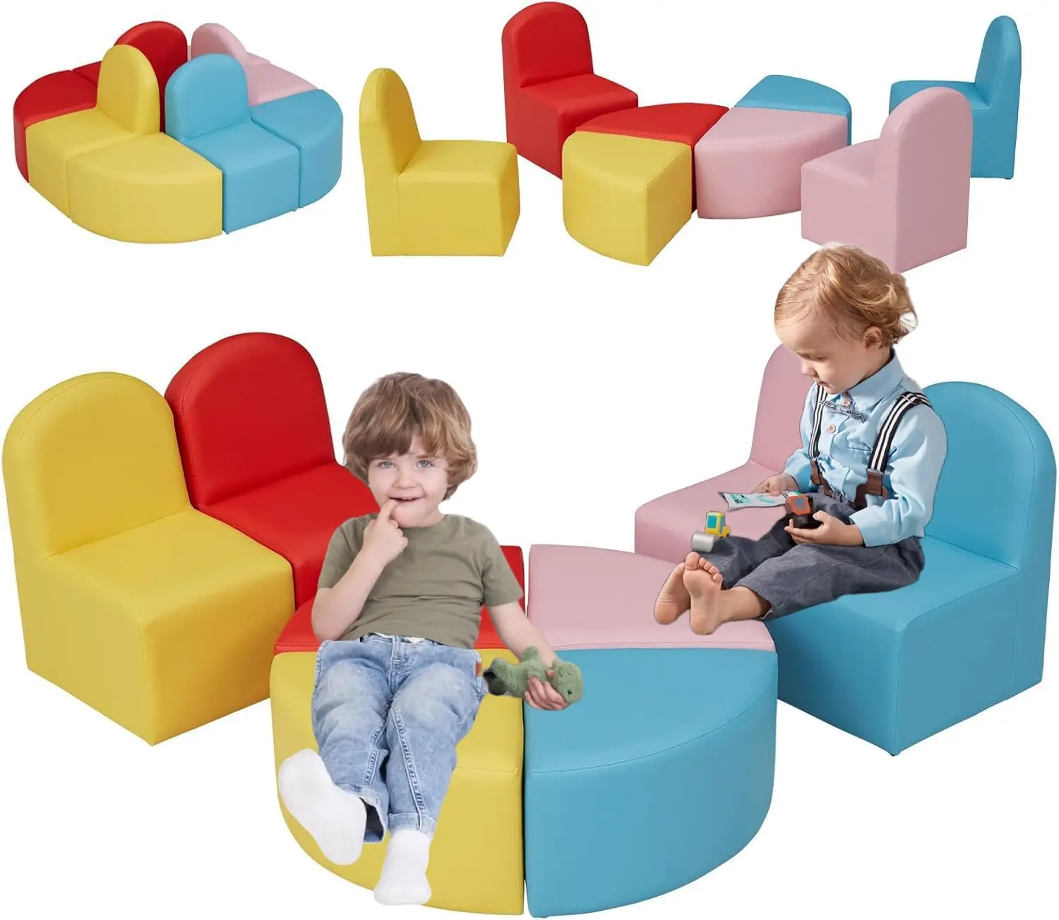 Kids Sofa Seating Set Convert to Table and 4 Chairs Colorful Stools for Toddlers Soft Foam Play 8 PCs Set for Classroom