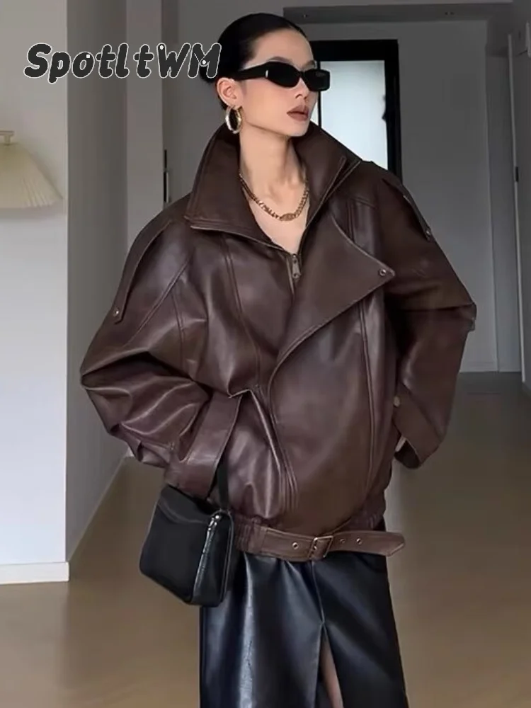 Women Solid Faux Leather Jacket High Neck Asymmetric Zip Oversized Long Sleeve Elastic Waist Coat Street Moto Bomber Windbreaker