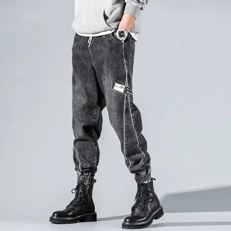 

Male Cowboy Pants Harem Black Cargo Trousers Spliced Jeans for Men Kpop Regular Stylish Casual Harajuku Xs 2024 Korean Autumn