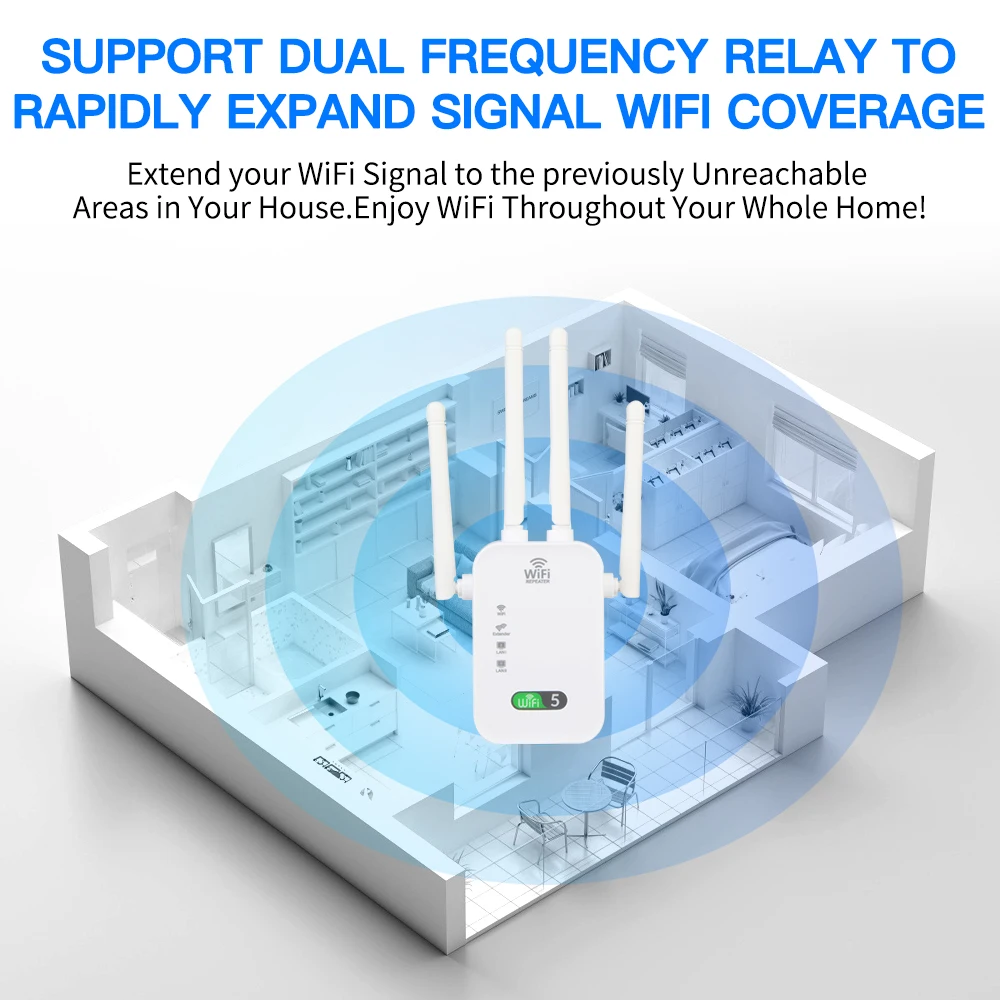 WiFi Repeater 1200Mbps Wireless Amplifier Dual Band 2.4G 5GHz Network Long Range Signal Booster For Home Office Wi-Fi Booster