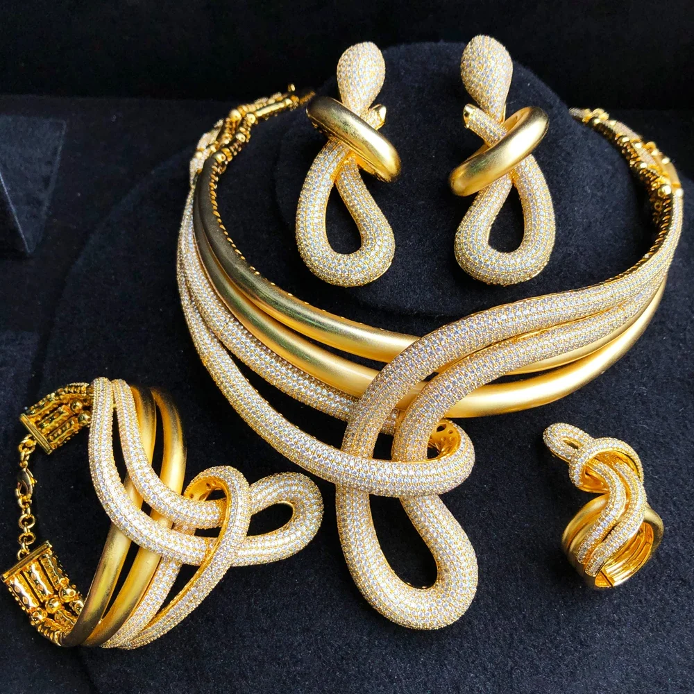 

Soramoore Gorgeous Rotate Twisted Shape Necklace Bangle Earrings Ring Sets For Women Bridal Wedding Jewelry Sets High Quality