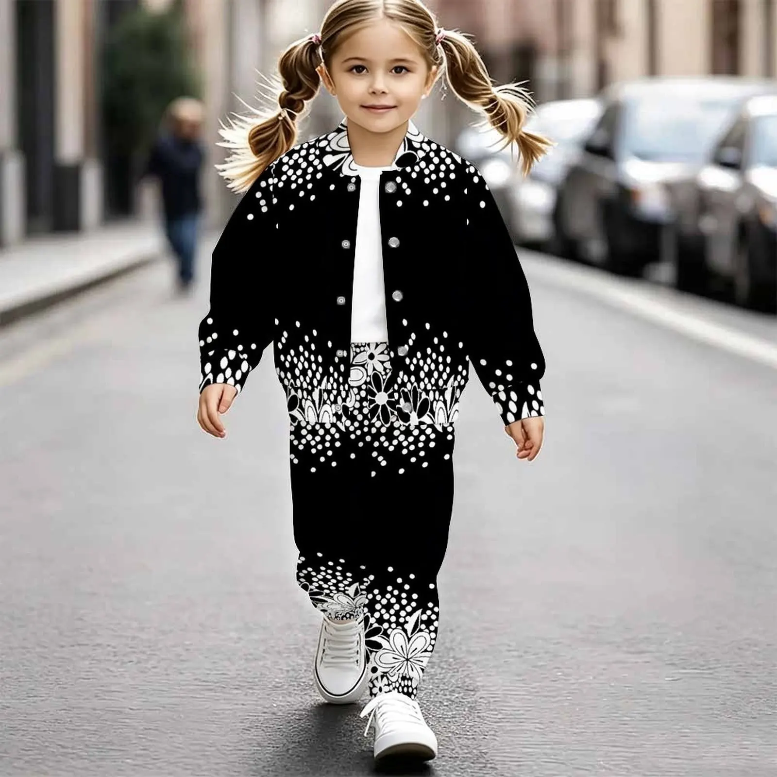Retro Fashion Girls 2 Pieces Print Long Sleeve Coat + Sport Pants for Vacation and Daily Wear