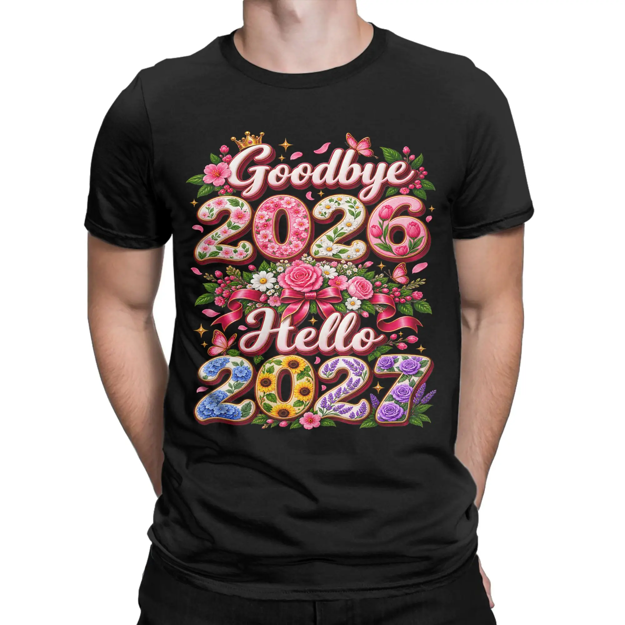 Vintage 2027 Floral Goodbye 2026 Hello 2027 T-Shirt for Men Round Neck Cotton T Shirts  Short Sleeve Tee Shirt New Arrival Tops