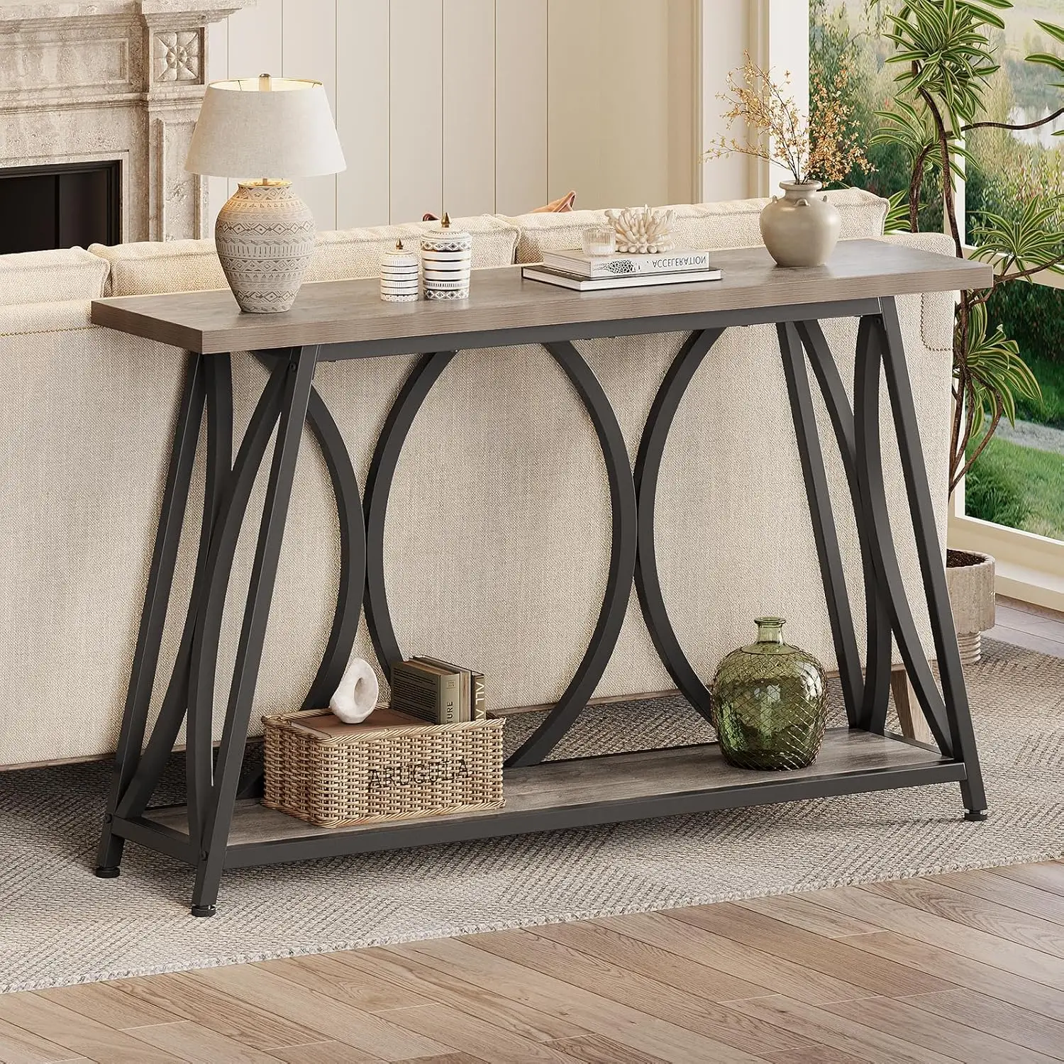 

47.24 Inch Entryway Console Table, Industrial Sofa Table Behind Couch with Shelves, 2 Tier Wood Accent Table, Customized