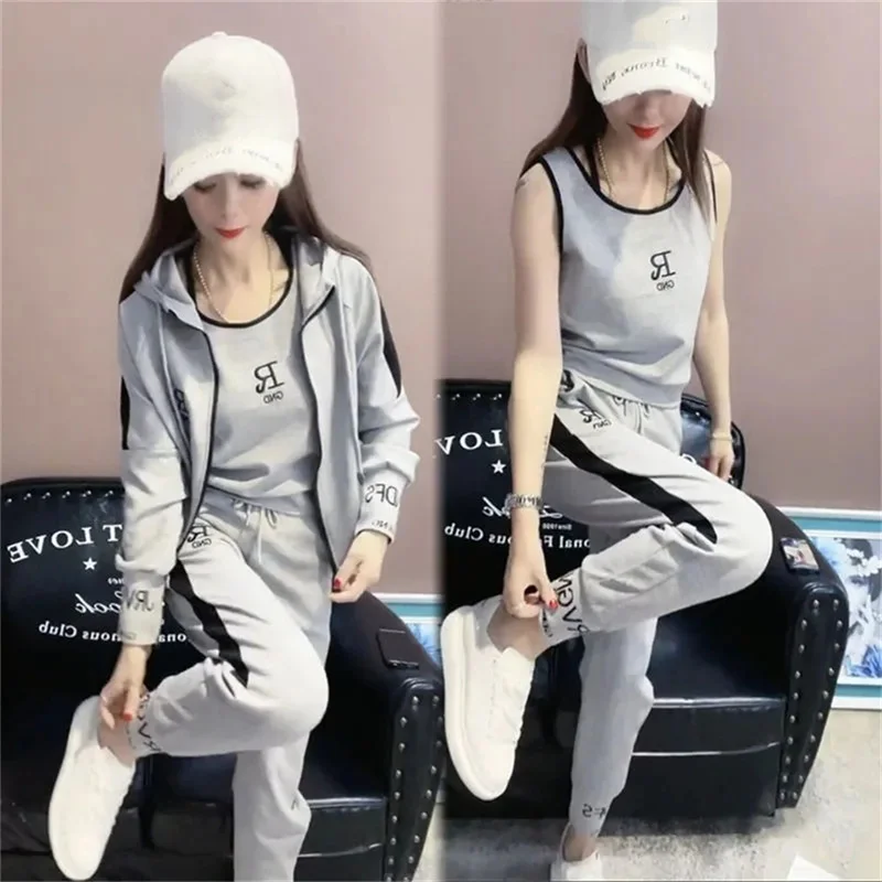 Hooded Jacket Sports Cardigan+Vest+Leggings Three-Piece Chain Letter Printing Sun Protection Fashion 3 Piece Set Women\'s Suit