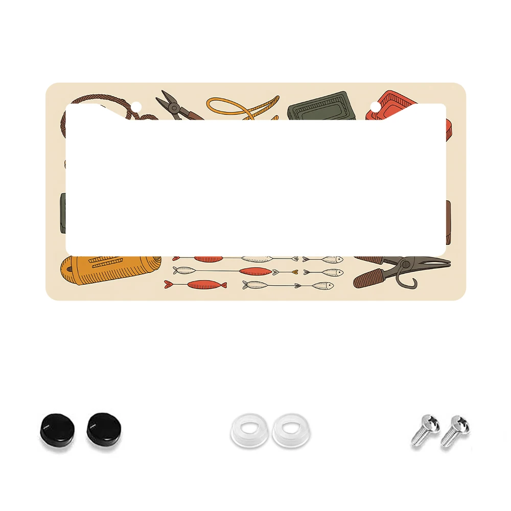 

1pc Retro Beige 2-Hole License Plate Frame with Fishing Gear Pattern, Aluminum Material, 6x12 Inches, Includes Screw Kit, Fun a