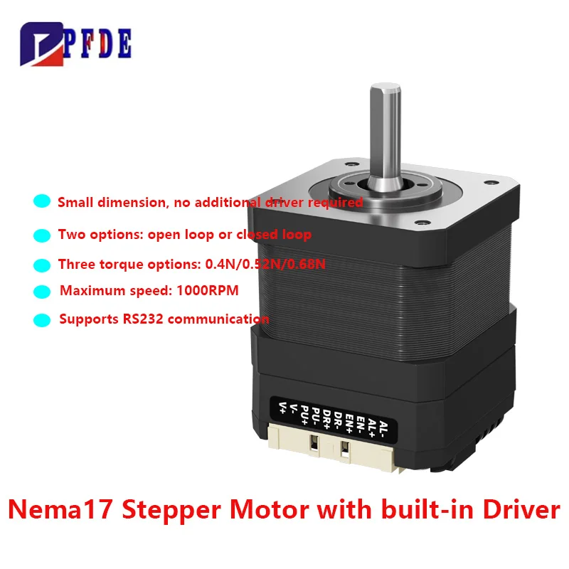 NEMA17 Stepper Motor with Built-in Driver, Integrated Closed-Loop/Open-Loop Control, with Pulse Encoder Serial Port RS232