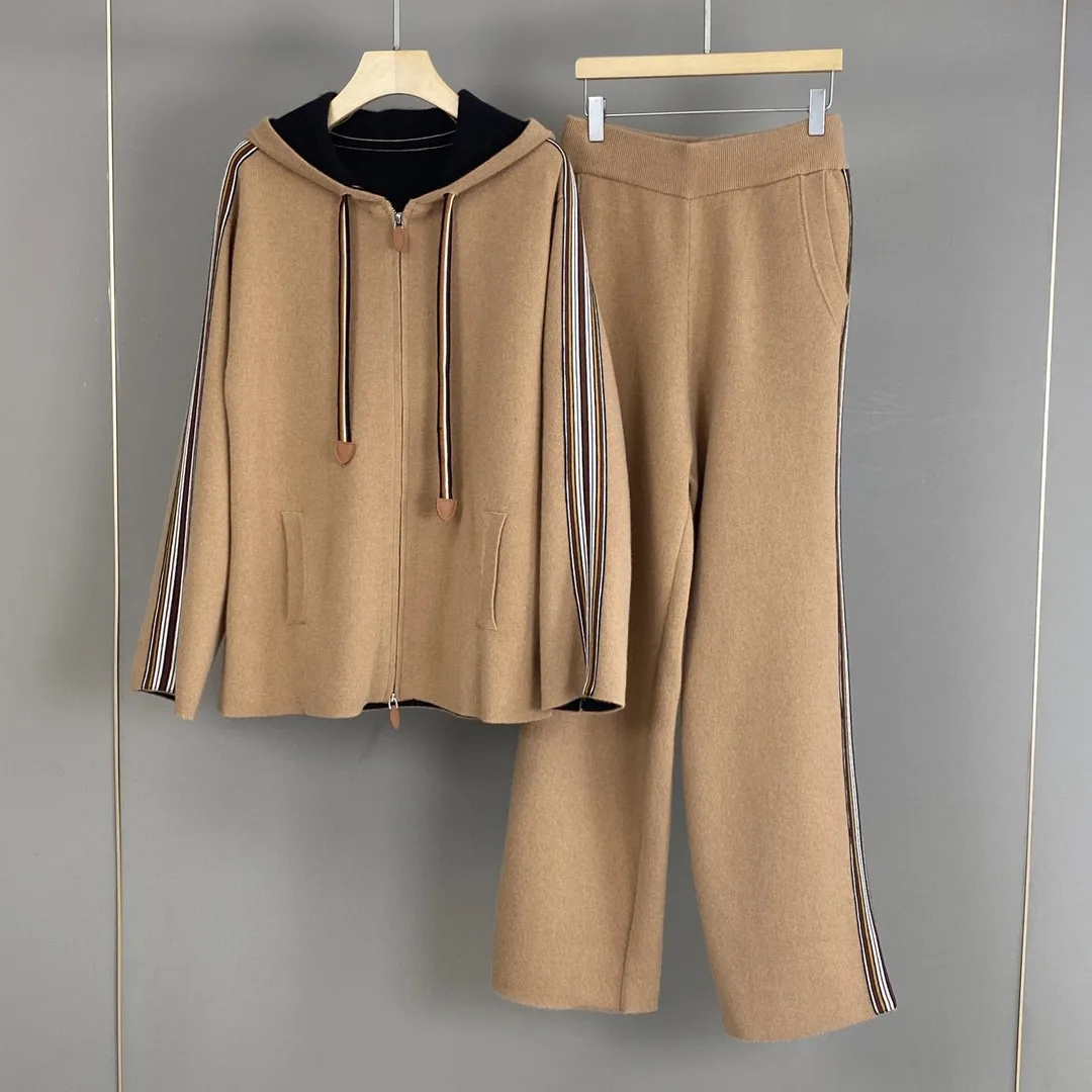 Color Contrast Women's Cashmere Pants Suit Autumn Winter Long Sleeve Hooded Cardigan or Elastic Waist Straight Long Pants