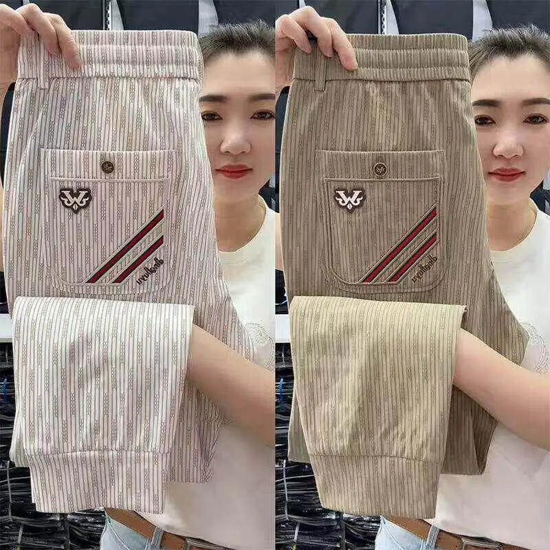 Ice Silk Men's Summer Thin Stripe Quick Dry Casual Pants Loose Fit Sports All-Match Nine-Piece Cuffed Leisure Trousers