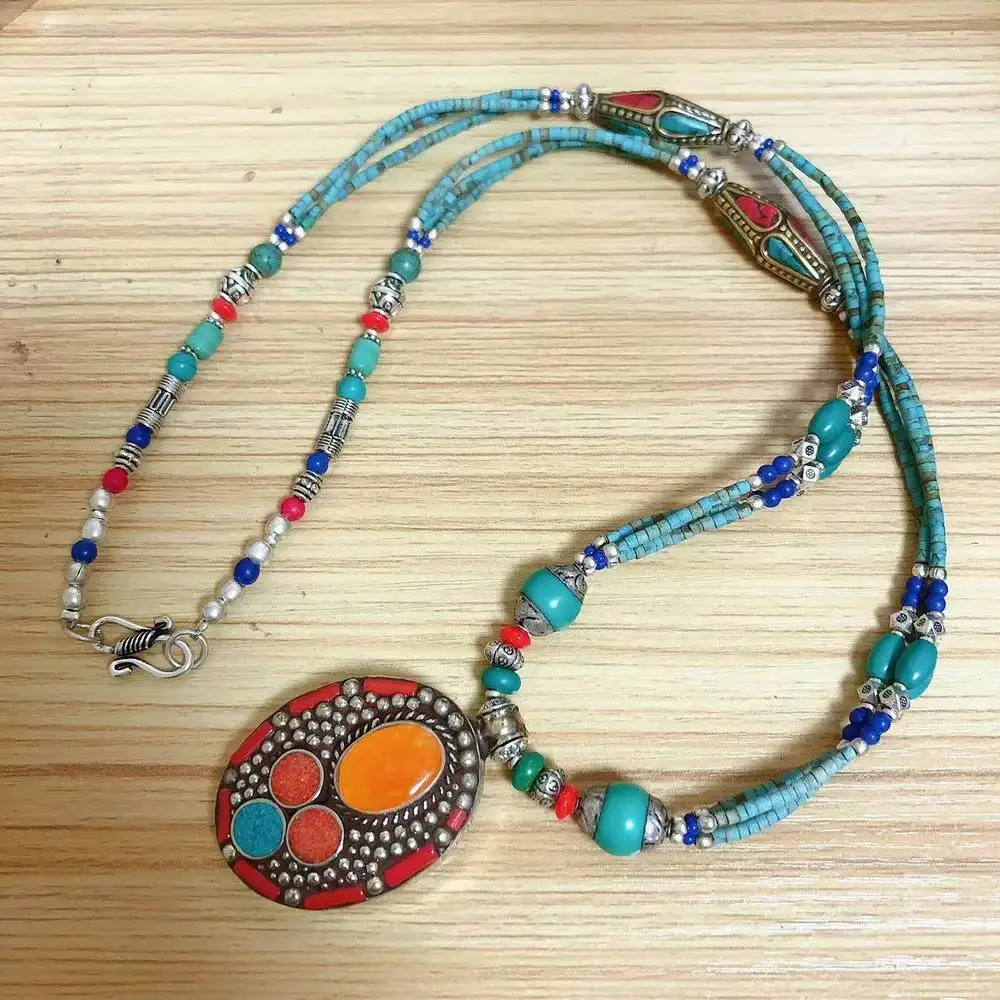 NK239 Nepal Jewelry Colorful Stone Oval or Round Pendant Necklace Ethnic Tibetan Lapis Coral Beaded Women Necklace