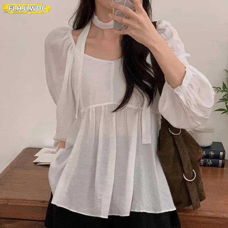 Semi-Transparent Korea Chic Peplum Tops Blusas Autumn Spring Japan Girls Retro Vintage Lace-Up Belly Solid White Blouses