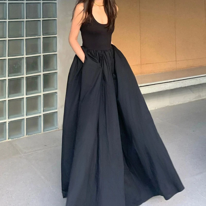 HOUZHOU gaun Maxi hitam elegan Chic Vintage tanpa lengan longgar ruffle wanita pesta klub malam jubah gaya Korea sundress