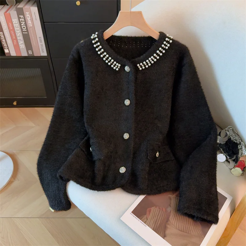 

Мягкий восковой свитер с ароматом, женский осенне-зимний белый укороченный кардиган, вязаный топ из бисера