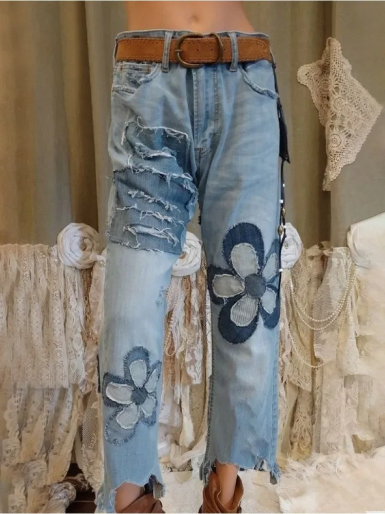 

Women Floral Pathchwork Denim Pant Staight Slim Jeans Casual High Street Pockets Ankle Length Jeans Trousers y2k Vintage Jean