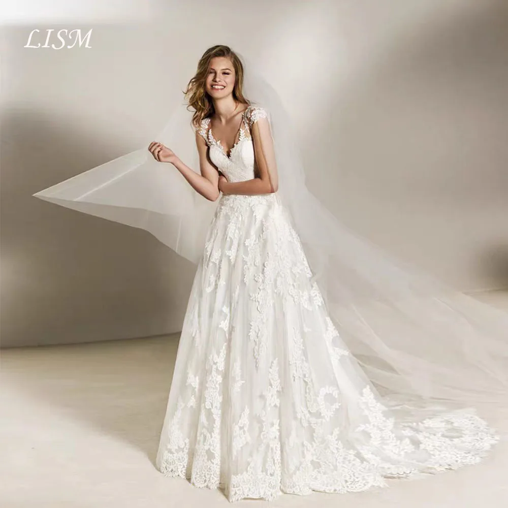 Lism Maßgeschneidertes Luxus-Brautkleid mit floraler Spitze, V-Ausschnitt, kurzen Ärmeln, Schleppe, A-Linie, Illusion-Brautkleid 2026 Robe De Marie
