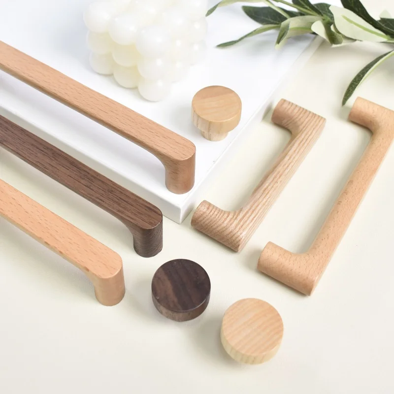 Beicai Nordic Wood Furniture Handles Walnut Wood Cabinet Pulls T-bar Wardrobe Door Handles Decoration Room Furniture Hardware