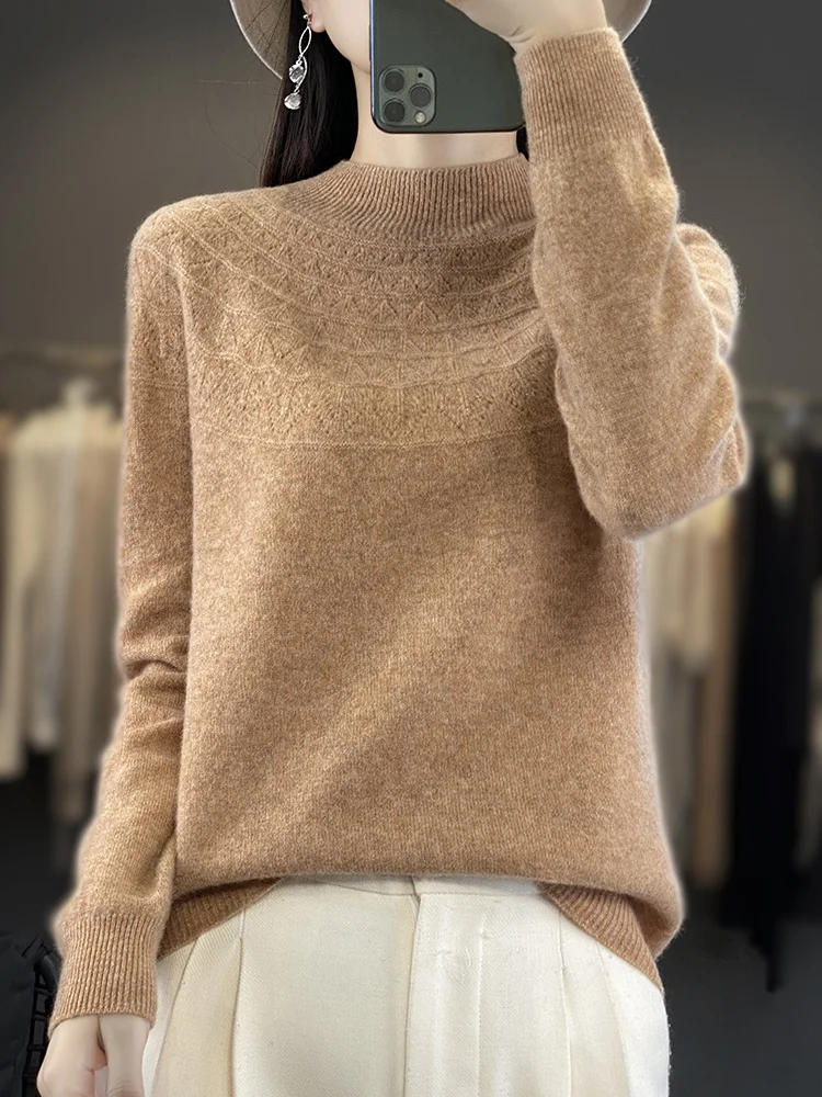 Autumn Winter Women's 100% Merino Wool Sweater Mock-Neck Pullover First Line Seamless Basic Casual Top Hollow out Women Clothing