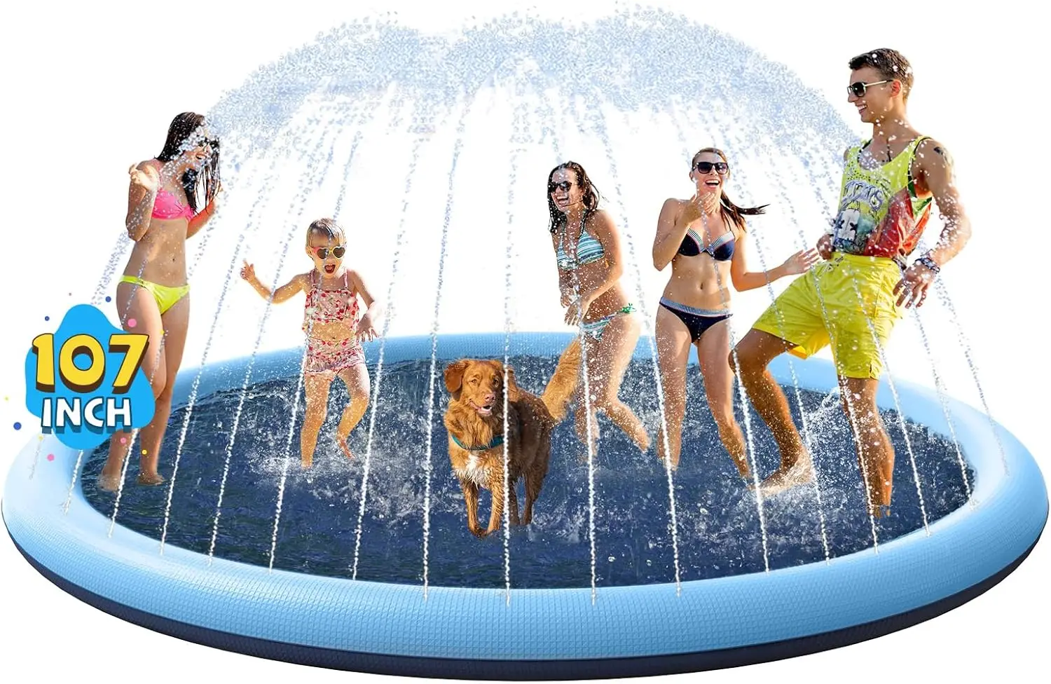 

Thick Non-Slip Splash Pad for Outdoor Water Play - Fun Fountain Mat for Kids and Pets (107 inch, Blue)