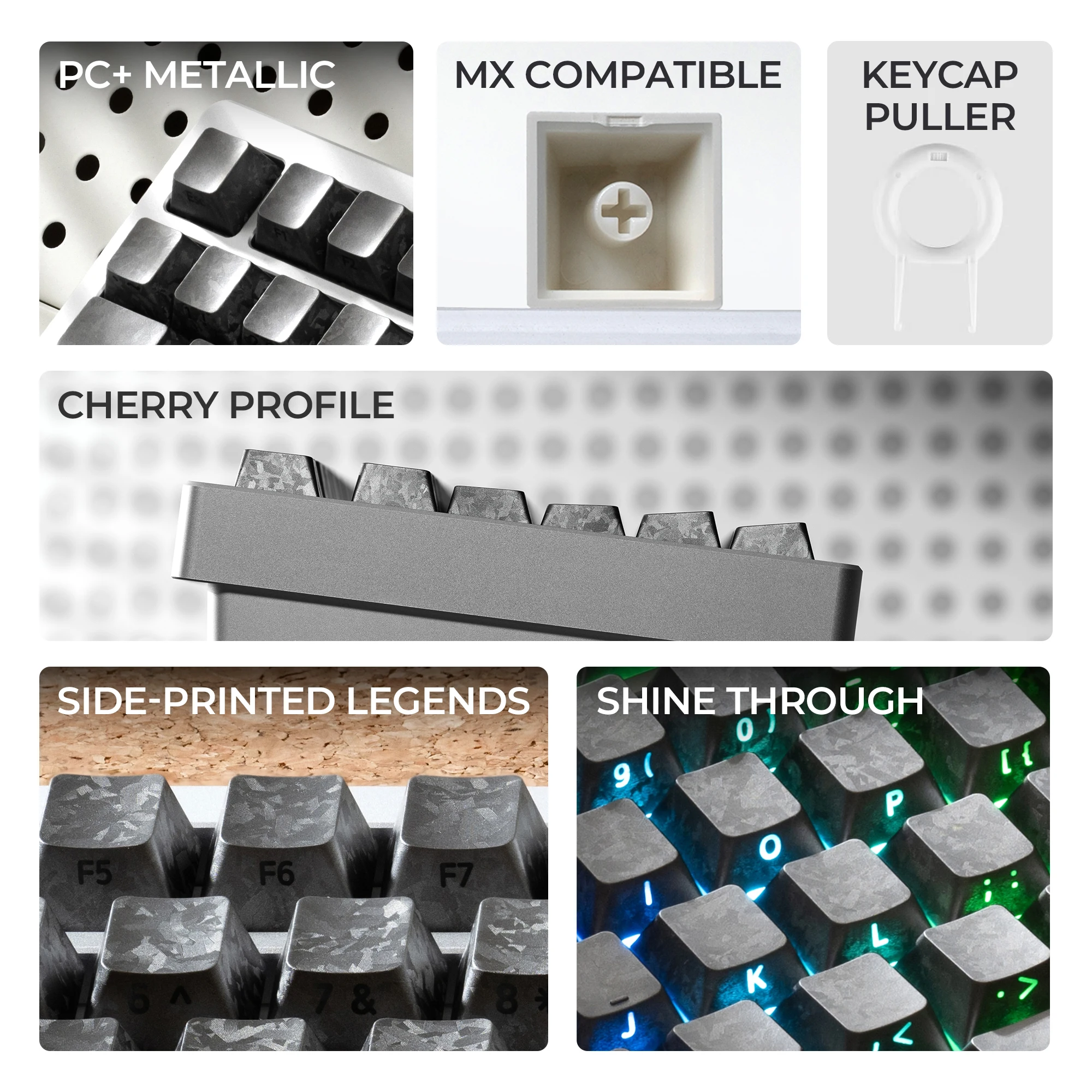 XVX Dark Silver Powder Composite Material Side Printed Shine Through Keycaps PC Cherry Profile Keycap for MX Switches Keyboard