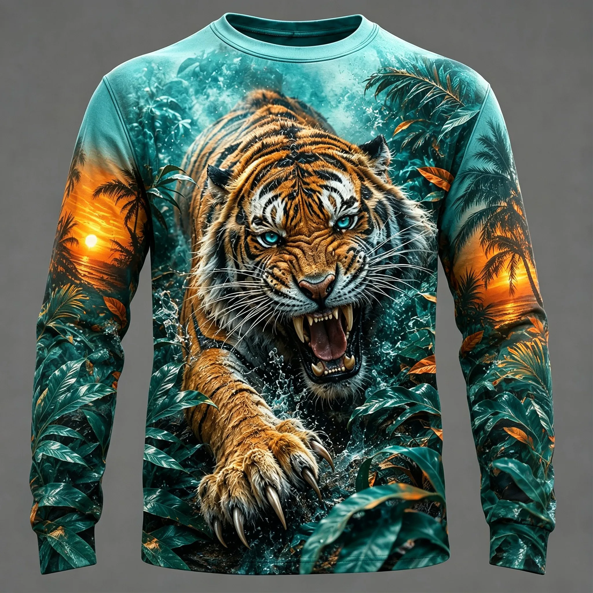 Men's Long Sleeve T-Shirt Wildlife Animal 3D Print Tiger Wolf Mallard Nature Landscape Crew Neck Casual Tops