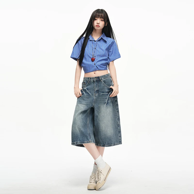 American Vintage Women Y2k Loose Denim Jeans Bermuda Women High Rise Wide Leg Knee Length Loose Fit Summer Pant Shorts Versatile