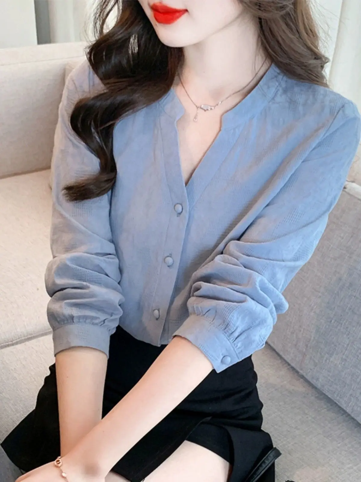 

Korean Jacquard Women's Shirt Spring Autumn 2026 New Single-Breasted Cotton Shirt Versatile Long-Sleeved Top Shirt V-Neck Top
