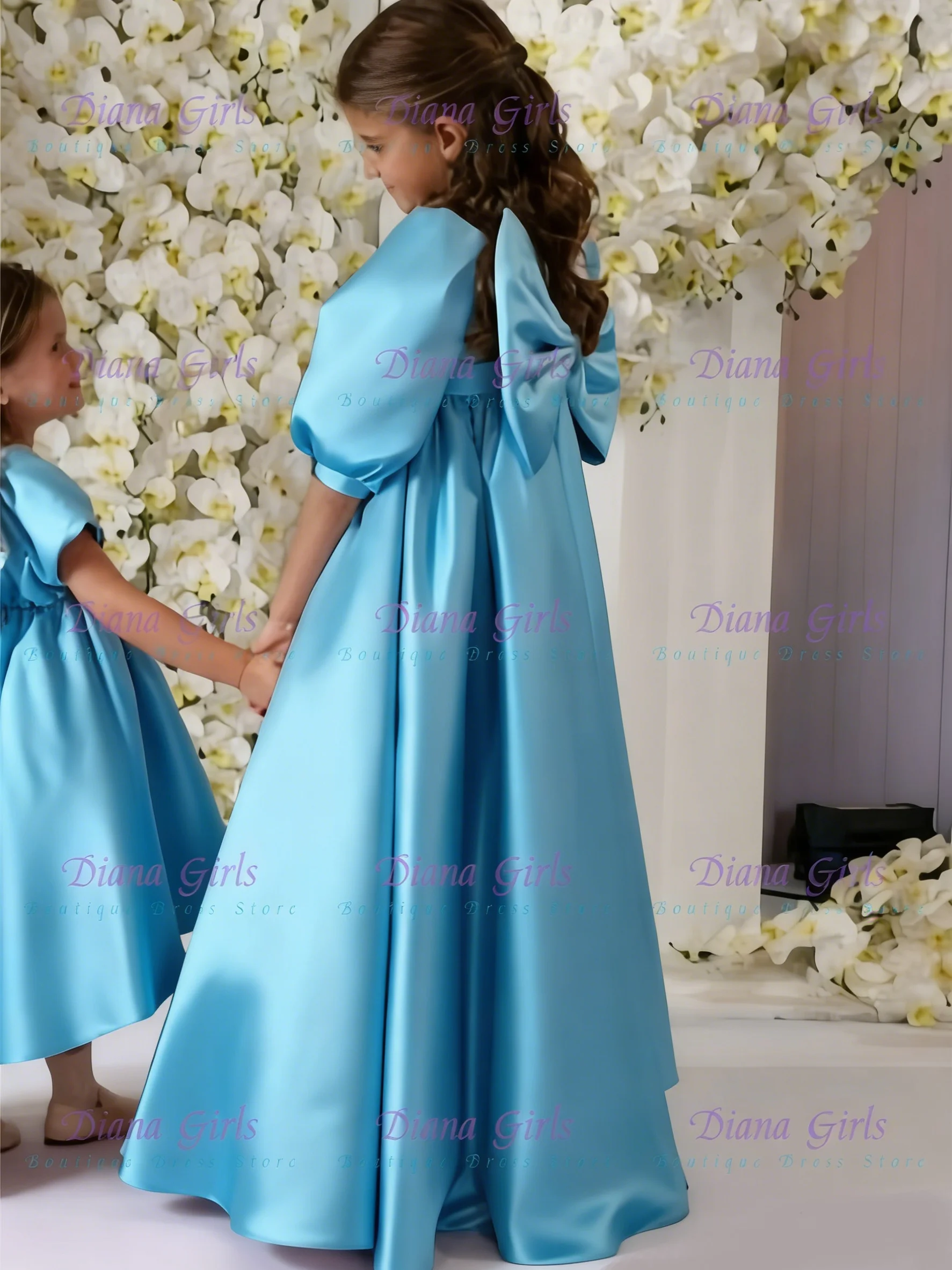 Quality Elegant Flower Girl Dress Pink Satin Fluffy Big Bow for Kids Wedding Birthday Party Evening Ball Gowns Customisable