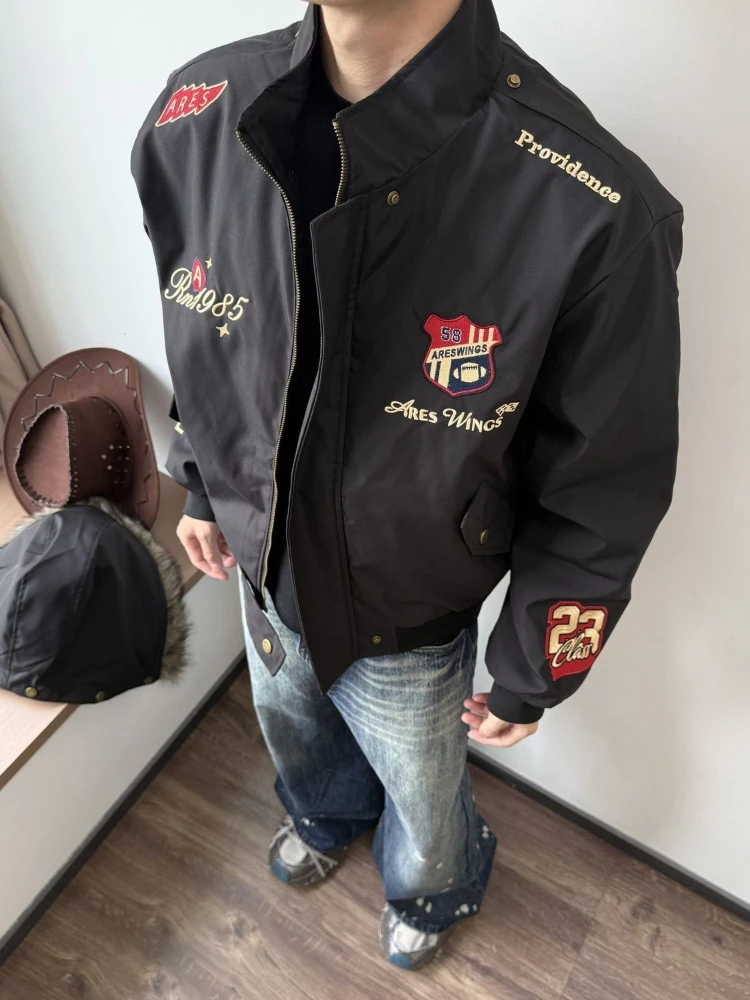 Retro Embroidered Badge Eagle on Mountain Fur Collar Cotton Padded Jacket for Men and Women Thickened Winter Warm Cotton Coat