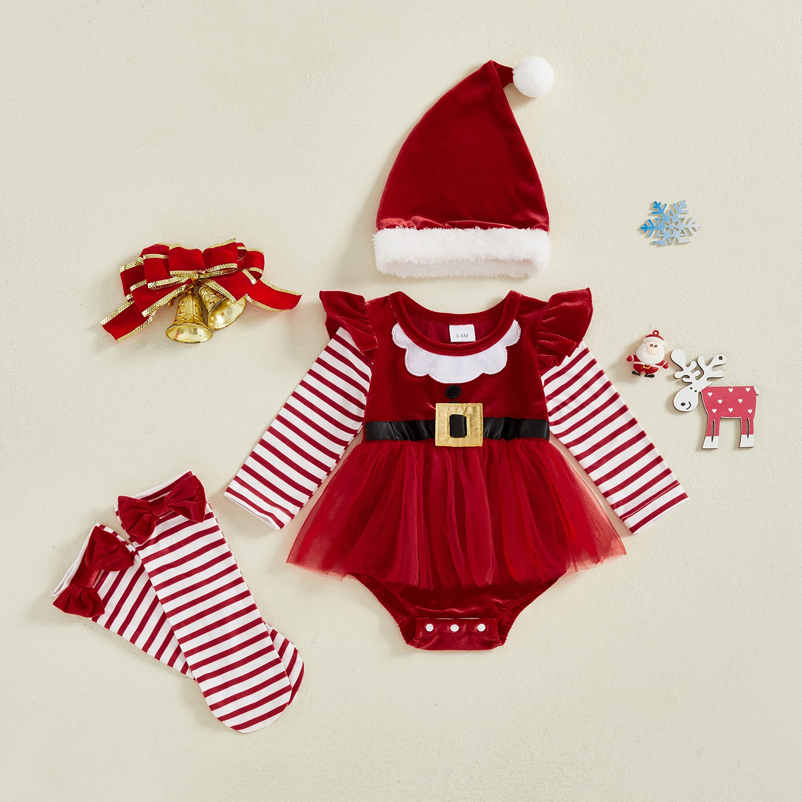 

Рождественский комбинезон Tregren для маленьких девочек, милый комбинезон в полоску с длинными рукавами и круглым вырезом, шапка, гетры, комплект из 3 предметов