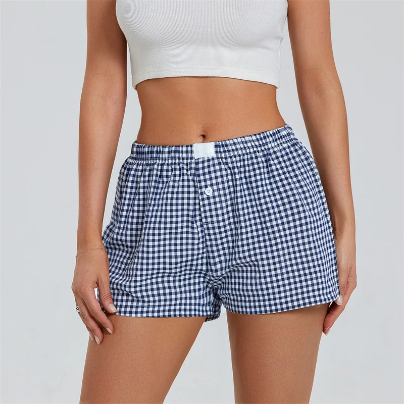 Women Y2k Plaid Pajama Shorts Buttons Elastic High Waist Casual Straight Short Pants Lounge Baggy Sweatshorts 2024 Summer New