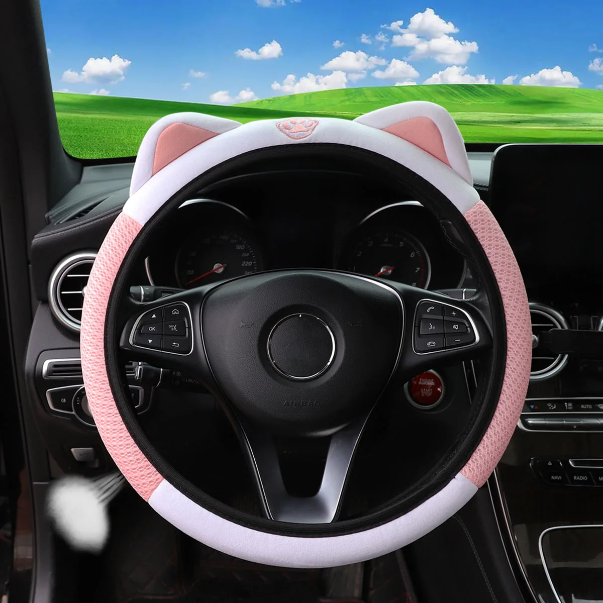 Niedliche kleine Katze, 3-teiliges Autozubehör-Set für Damen, atmungsaktives Mesh-Lenkradbezug, Handbremsabdeckung, Schalthebelabdeckung, randlos – Detail 3