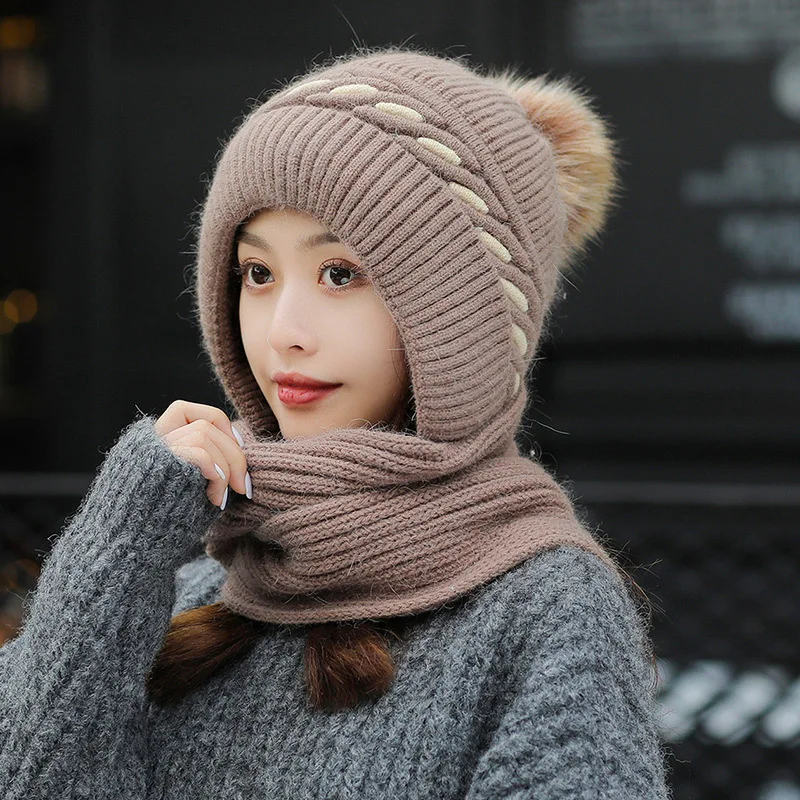 Coral Fleece Winter Hat Scarf One-piece Women's Hat Scarf Warm Breathable Hat for Women Double Layer Protection Cap 2024 R133