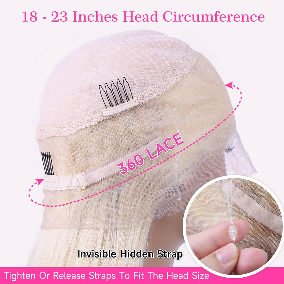 613 360 Invisible Drawstring Lace Frontal Wig Ponytail Pre Plucked Straight 13x4 13x6 Lace Front Human Hair Wig Glueless 5x5 Closure Wig Brazilian Honey Blonde Colored Human Hair Wig 250 Density Adjustable Invisi Strap Wigs