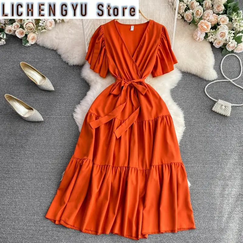 10 Color Multi Size Sweet Style Women's Fold Bandage Puff Sleeve Solid Color High Waist Dress Autumn New Dresses