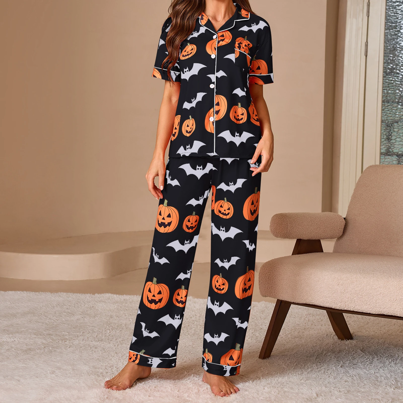 

Women Halloween Pajama Set Pumpkin Ghost Short Sleeve Tops and Shorts 2 Piece Sleepwear Outfits