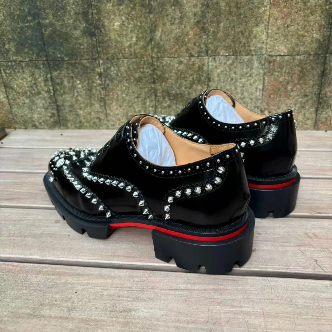 Black Patent Leather Men's Loafers Rhinestones Rivets Decorate Round Toe Red Sole Sewing Lace-Up Single Shoes Male Exquisite New